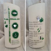 Taufkerze Schräg Oval Oder Rund 25 X 8 Reinweiss Silber Grün Mit Wunschtext Taufspruch Psalm Auf Der Rückseite. Farblich Individuell Taufkerze Schräg Oval Oder Rund 25 X 8 Reinweiss Silber Grün Mit Wunschtext Taufspruch Psalm Auf Der Rückseite. Farblich Individuell von Seifenfeeshop