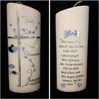 Taufkerze Schräg Oval Oder Rund 25 X 8 cm Reinweiss Silber Hellblau Mit Wunschtext Taufspruch Psalm Auf Der Rückseite. Farblich Individuell von Seifenfeeshop