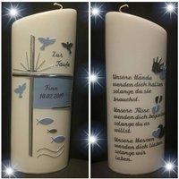 Taufkerze Schräg Oval Oder Rund 25 X 8 cm Silber Hellblau Mit Wunschtext Taufspruch Oder Psalm Auf Der Rückseite. Farblich Individuell von Seifenfeeshop