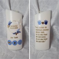 Taufkerze Schräg Oval Oder Rund 25 X8 cm Reinweiss Blau Hellblau Gold Taube Wunschtext Psalm Taufspruch. Farblich Individuell von Seifenfeeshop