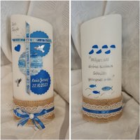 Taufkerze Schräg Oval Oder Rund 25 X8 cm Reinweiss Silber Blau Mittelblau. Rückseite Mit Wunschtext, Psalm, Taufspruch von Seifenfeeshop