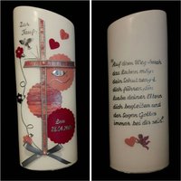 Taufkerze Schräg Oval Oder Rund 25 X8 cm Reinweiss Silber Rosa Altrosa Babyfüsse Mit Psalm Wunschtext Auf Der Rückseite von Seifenfeeshop