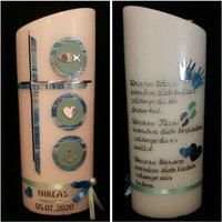 Taufkerze Schräg Oval Oder Und 25 X8 cmreinweiss Silber Mint Blau Mit Wunschtext Taufspruch Psalm Auf Der Rückseite. Farblich Individuell von Seifenfeeshop