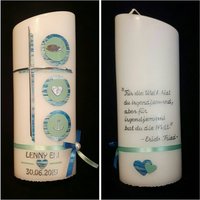 Taufkerze Schräg Oval Weiss Oder Rund 25 X8 cm Silber Mint Blau Mit Wunschtext Taufspruch Psalm Auf Der Rückseite. Farblich Individuell von Seifenfeeshop