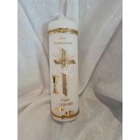 Taufkerze Tischkerze Kommunionkerze Reinweiss 25 X 7 cm Rund Gold Weiss Name Farblich Individuell Taufkerze Tischkerze Kommunionkerze Reinweiss 25 X 7 cm Rund Gold Weiss Name Farblich Individuell von Seifenfeeshop