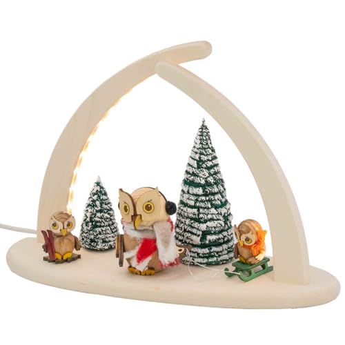 Seiffener Volkskunst | Fensterbeleuchtung Weihnachtsbeleuchtung | LED Spitzbogen Weihnachtsbogen Schwibbogen Lichterbogen | Weihnachtsdeko aus dem Erzgebirge | 29x21 cm | Eulenfamilie Wintersport von Seiffener Volkskunst