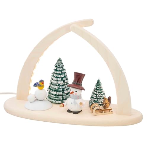 Seiffener Volkskunst | Fensterbeleuchtung Weihnachtsbeleuchtung | LED Spitzbogen Weihnachtsbogen Schwibbogen Lichterbogen | Weihnachtsdeko aus dem Erzgebirge | 29x21 cm | Schneemann mit Schlitten von Seiffener Volkskunst