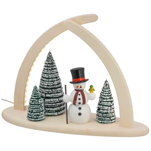 Seiffener Volkskunst | LED Spitzbogen Weihnachtsbogen Weihnachtsdeko | Schwibbogen Lichterbogen Fensterbeleuchtung aus dem Erzgebirge | 43x33 cm | Schneemann mit Vogel von Seiffener Volkskunst