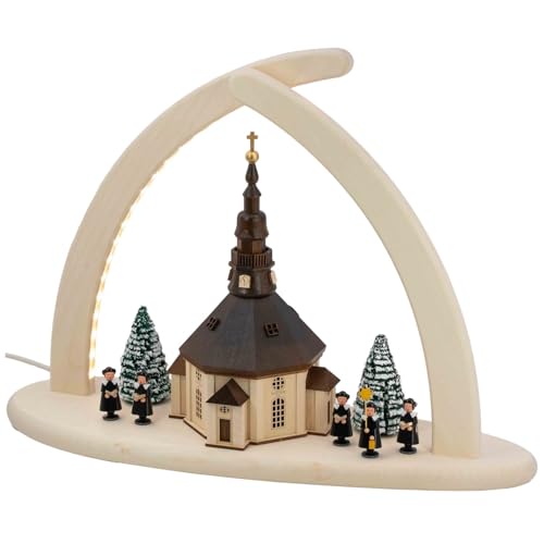 Seiffener Volkskunst | LED Spitzbogen Weihnachtsbogen Weihnachtsdeko | Schwibbogen Lichterbogen Fensterbeleuchtung aus dem Erzgebirge | 43x33 cm | Seiffener Kirche von Seiffener Volkskunst