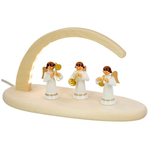 Seiffener Volkskunst | LED Weihnachtsdeko Lichterbogen | Natur Weihnachtsbogen Schwibbogen aus dem Erzgebirge | Traditionelle Weihnachtsbeleuchtung | 24x13 cm | Engel weiß mit Instrumenten von Seiffener Volkskunst