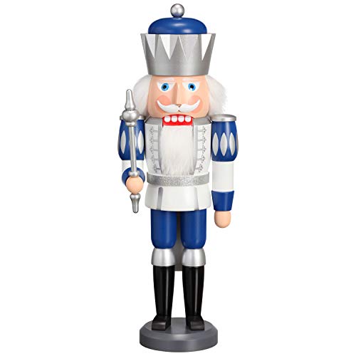 Seiffener Volkskunst Nussknacker König exklusiv 40 cm hoch Figur aus Holz Original Erzgebirgskunst weiß-Silber-blau von Seiffener Volkskunst