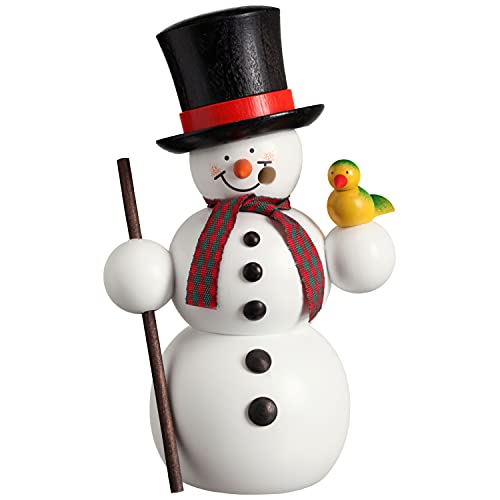 Seiffener Volkskunst | Räuchermännchen | Räucherfigur 15 cm | Schneemann | Original Erzgebirge | 12213 | mit Vogel von Seiffener Volkskunst
