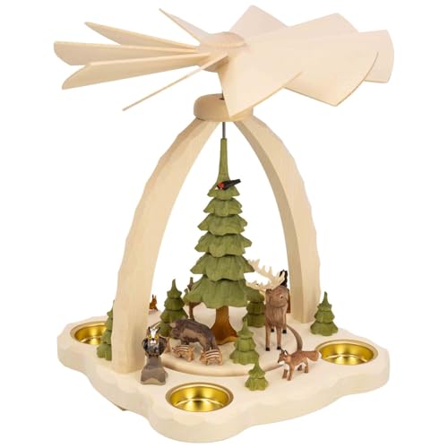 Seiffener Volkskunst Sten Heydenreich | Erzgebirge Pyramide für Teelichter & Pyramidenkerzen | Weihnachtspyramide | 27 cm | mit Wildtieren farbig von Seiffener Volkskunst