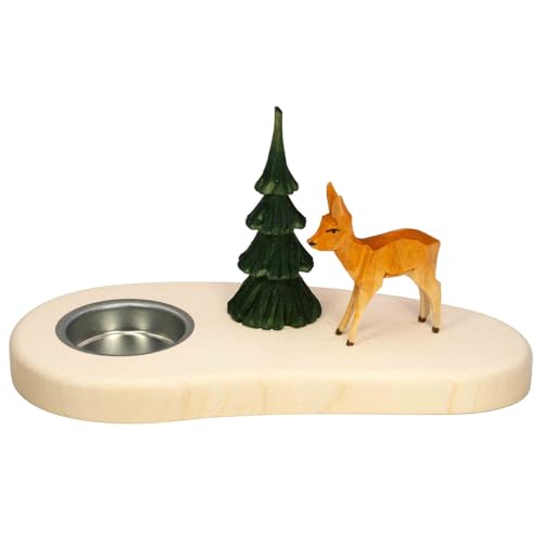 Seiffener Volkskunst | Teelichthalter | Tischdeko für Teelicht aus Naturholz 8.5x18x8 cm | Handgefertigte Erzgebirgische Holzkunst | Weihnachtsdeko mit Figuren | :mit REH von Seiffener Volkskunst