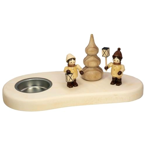 Seiffener Volkskunst | Teelichthalter | Tischdeko für Teelicht aus Naturholz 8.5x18x8 cm | Handgefertigte Erzgebirgische Holzkunst | Weihnachtsdeko mit Figuren | mit Laternenkinder von Seiffener Volkskunst