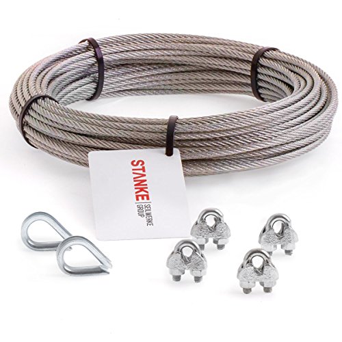 Seilwerk STANKE Rankhilfe Edelstahldrahtseil 30m V4A Edelstahlseil 3mm 7x7, 2x Kausche V4A, 4x Bügelformklemme V4A - SET 1 von Seilwerk STANKE