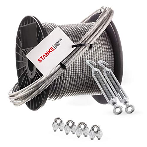 Seilwerk STANKE Rankhilfe PVC Drahtseil ummantelt verzinkt 100m Stahlseil 3mm 6x7, 2x Spannschloss M5 Haken+Öse, 4x Bügelformklemme - SET 4 von Seilwerk STANKE