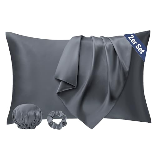 Seiwohl Satin Kissenbezug 40 x 80, 2 Stück Satin Kopfkissenbezug 40x80 Pillowcase Kissen Bezug Kissenhülle für Haar und Haut, ähnlich wie Seide, Dunkelgrau, mit Haargummi und Haarhaube von Seiwohl