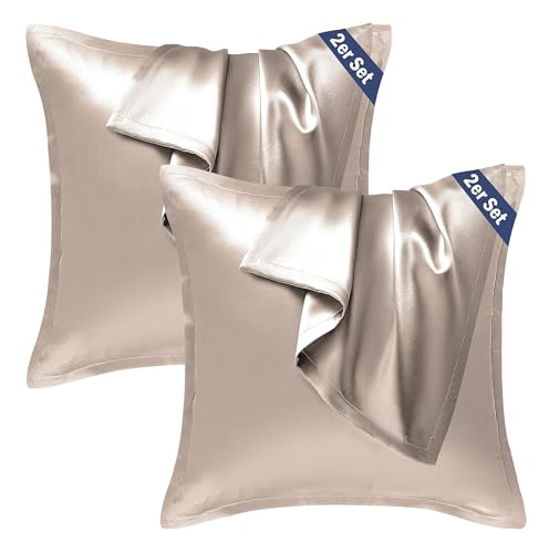 Seiwohl Satin Kissenbezug 40x40, 2 Stück Satin Kopfkissenbezug Pillowcase Kissen Bezug Kissenhülle für Haar und Haut, ähnlich wie Seide, Taupe von Seiwohl