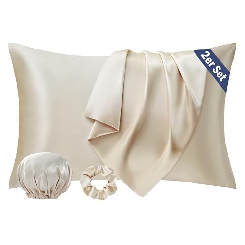 Seiwohl Satin Kissenbezug 40x60, 2 Stück Satin Kopfkissenbezug Pillowcase Kissen Bezug Kissenhülle für Haar und Haut, ähnlich wie Seide, Beige, mit Haargummi und Haarhaube von Seiwohl