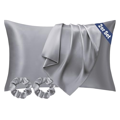 Seiwohl Satin Kissenbezug 50x70, 2 Stück Satin Kopfkissenbezug Pillowcase Kissen Bezug Kissenhülle für Haar und Haut, ähnlich wie Seide, Grau, mit 2 Haargummis von Seiwohl