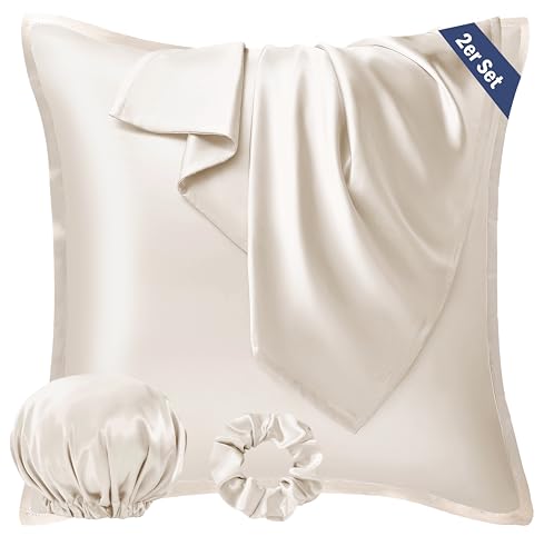 Seiwohl Satin Kissenbezug 60x60, 2 Stück Satin Kopfkissenbezug Pillowcase Kissen Bezug Kissenhülle für Haar und Haut, ähnlich wie Seide, Beige, Beige, mit Haargummi und Haarhaube von Seiwohl