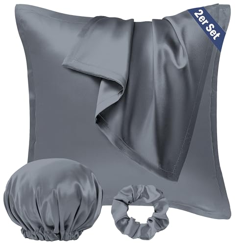 Seiwohl Satin Kissenbezug 60x60, 2 Stück Satin Kopfkissenbezug Pillowcase Kissen Bezug Kissenhülle für Haar und Haut, ähnlich wie Seide, Dunkelgrau, mit Haargummi und Haarhaube von Seiwohl