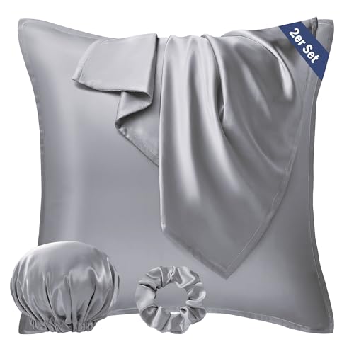 Seiwohl Satin Kissenbezug 60x60, 2 Stück Satin Kopfkissenbezug Pillowcase Kissen Bezug Kissenhülle für Haar und Haut, ähnlich wie Seide, Grau, mit Haargummi und Haarhaube von Seiwohl