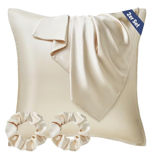 Seiwohl Satin Kissenbezug 65x65, 2 Stück Satin Kopfkissenbezug Pillowcase Kissen Bezug Kissenhülle für Haar und Haut, ähnlich wie Seide, Beige, mit 2 Haargummis von Seiwohl