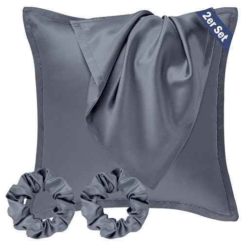 Seiwohl Satin Kissenbezug 65x65, 2 Stück Satin Kopfkissenbezug Pillowcase Kissen Bezug Kissenhülle für Haar und Haut, ähnlich wie Seide, Dunkelgrau, mit 2 Haargummis von Seiwohl