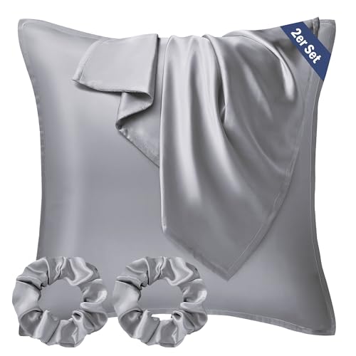 Seiwohl Satin Kissenbezug 65x65, 2 Stück Satin Kopfkissenbezug Pillowcase Kissen Bezug Kissenhülle für Haar und Haut, ähnlich wie Seide, Grau, mit 2 Haargummis von Seiwohl