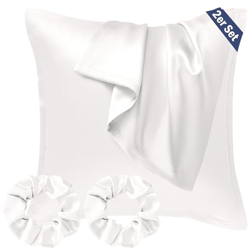 Seiwohl Satin Kissenbezug 80x80, 2 Stück Satin Kopfkissenbezug Pillowcase Kissen Bezug Kissenhülle für Haar und Haut, ähnlich wie Seide, Elfenbeinweiß, mit 2 Haargummis von Seiwohl