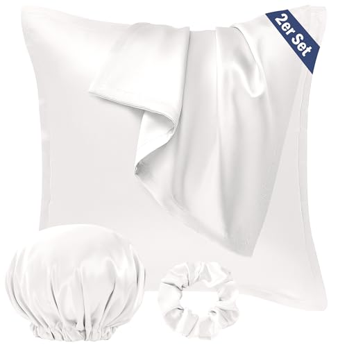 Seiwohl Satin Kissenbezug 80x80, 2 Stück Satin Kopfkissenbezug Pillowcase Kissen Bezug Kissenhülle für Haar und Haut, ähnlich wie Seide, Elfenbeinweiß, mit Haargummi und Haarhaube von Seiwohl