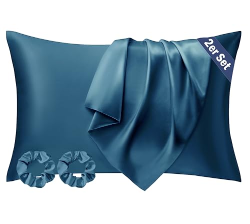 Seiwohl Satin Kissenbezug 40 x 80 2er Set, Weich wie Seidenkissenbezug Silk Pillowcase, Vegane Seide Kopfkissenbezug Kissenhülle Seidenkopfkissen für Haar und Haut mit 2 Haargummis, Indigoblau von Seiwohl