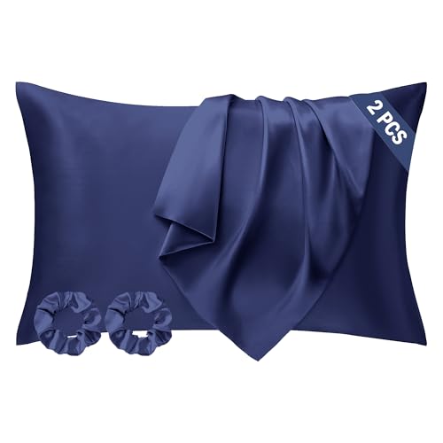 Seiwohl Satin Kissenbezug 40 x 80 2er Set, Weich wie Seidenkissenbezug Silk Pillowcase, Vegane Seide Kopfkissenbezug Kissenhülle Seidenkopfkissen für Haar und Haut mit 2 Haargummis, Dunkelblau von Seiwohl