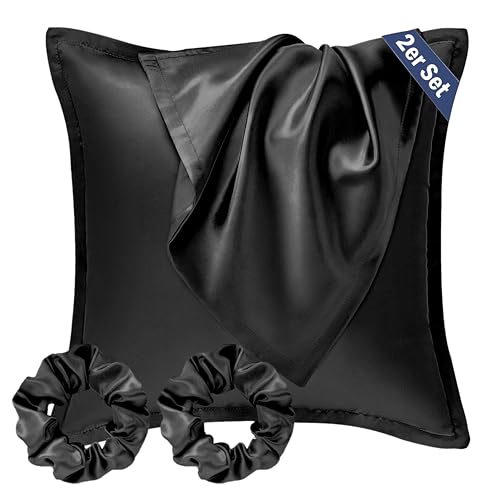 Seiwohl Satin Kissenbezug 40x40 2er Set, Weich wie Seidenkissenbezug Silk Pillowcase, Vegane Seide Kopfkissenbezug Kissenhülle Seidenkopfkissen für Haar und Haut mit 2 Haargummis, Schwarz von Seiwohl