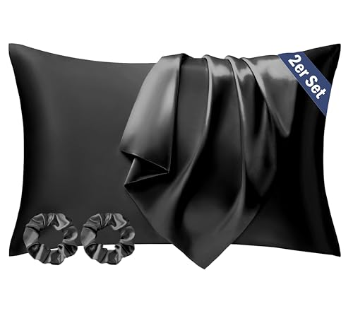 Seiwohl Satin Kissenbezug 50x70 2er Set, Weich wie Seidenkissenbezug Silk Pillowcase, Vegane Seide Kopfkissenbezug Kissenhülle Seidenkopfkissen für Haar und Haut mit 2 Haargummis, Schwarz von Seiwohl