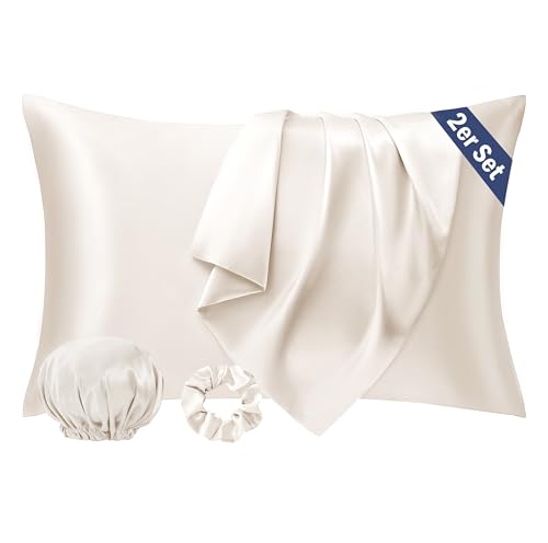 Seiwohl Satin Kissenbezug 40 x 80, 2er Set Satin Kopfkissenbezug 40x80 Pillowcase Kissen Bezug Kissenhülle für Haar und Haut, ähnlich wie Seide, Beige, mit Haargummi und Haarhaube von Seiwohl