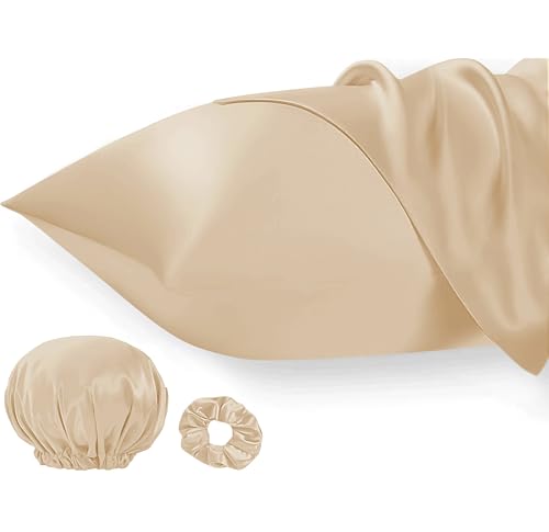 Seiwohl Satin Kissenbezug 40 x 80, 2er Set Satin Kopfkissenbezug 40x80 Pillowcase Kissen Bezug Kissenhülle für Haar und Haut, ähnlich wie Seide, Champagner, mit Haargummi und Haarhaube von Seiwohl