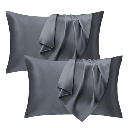 Seiwohl Satin Kissenbezug 40 x 80, 2er Set Satin Kopfkissenbezug 40x80 Pillowcase Kissen Bezug Kissenhülle für Haar und Haut, ähnlich wie Seide, Dunkelgrau von Seiwohl