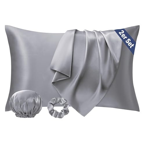 Seiwohl Satin Kissenbezug 40 x 80, 2er Set Satin Kopfkissenbezug 40x80 Pillowcase Kissen Bezug Kissenhülle für Haar und Haut, ähnlich wie Seide, Grau, mit Haargummi und Haarhaube von Seiwohl