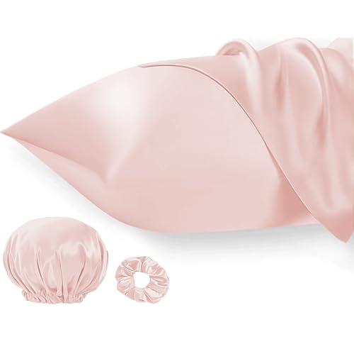 Seiwohl Satin Kissenbezug 40 x 80, 2er Set Satin Kopfkissenbezug 40x80 Pillowcase Kissen Bezug Kissenhülle für Haar und Haut, ähnlich wie Seide, Korallen Rosa, mit Haargummi und Haarhaube von Seiwohl