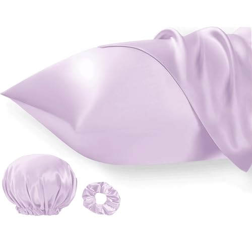 Seiwohl Satin Kissenbezug 40 x 80, 2er Set Satin Kopfkissenbezug 40x80 Pillowcase Kissen Bezug Kissenhülle für Haar und Haut, ähnlich wie Seide, Lavendel, mit Haargummi und Haarhaube von Seiwohl