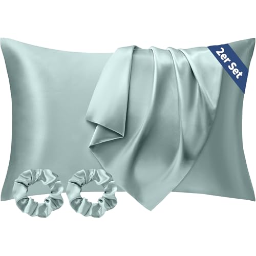 Seiwohl Satin Kissenbezug 40 x 80 2er Set, Weich wie Seidenkissenbezug Silk Pillowcase, Vegane Seide Kopfkissenbezug Kissenhülle Seidenkopfkissen für Haar und Haut mit 2 Haargummis, Ether Grün von Seiwohl