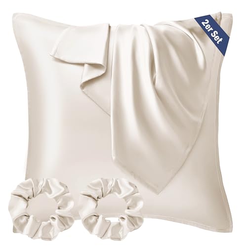 Seiwohl Satin Kissenbezug 40x40, 2er Set Satin Kopfkissenbezug Pillowcase Kissen Bezug Kissenhülle für Haar und Haut, ähnlich wie Seide, Beige, mit 2 Haargummis von Seiwohl