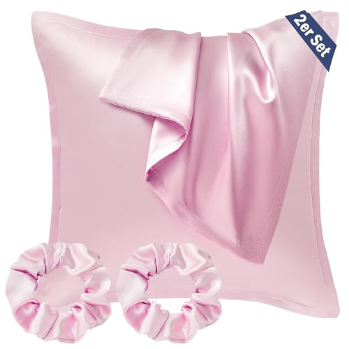 Seiwohl Satin Kissenbezug 40x40, 2er Set Satin Kopfkissenbezug Pillowcase Kissen Bezug Kissenhülle für Haar und Haut, ähnlich wie Seide, Rosa, mit 2 Haargummis von Seiwohl