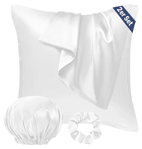 Seiwohl Satin Kissenbezug 40x40 2er Set, Weich wie Seidenkissenbezug Silk Pillowcase, Vegane Seide Kopfkissenbezug Kissenhülle Haarschutz für die Nacht mit Haargummi und Haarhaube, Weiß Seiwohl Satin Kissenbezug 40x40 2er Set, Weich wie Seidenkissenbezug Silk Pillowcase, Vegane Seide Kopfkissenbezug Kissenhülle Haarschutz für die Nacht mit Haargummi und Haarhaube, Weiß von Seiwohl
