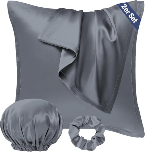 Seiwohl Satin Kissenbezug 40x40 2er Set, Weich wie Seidenkissenbezug Silk Pillowcase, Vegane Seide Kopfkissenbezug Kissenhülle Haarschutz für die Nacht mit Haargummi und Haarhaube, Dunkelgrau von Seiwohl
