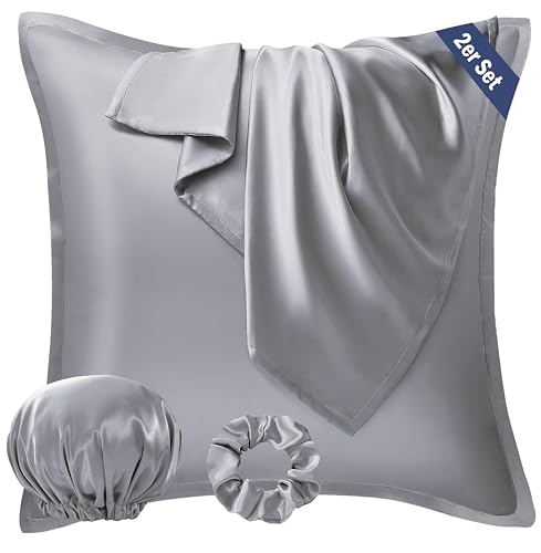Seiwohl Satin Kissenbezug 40x40 2er Set, Weich wie Seidenkissenbezug Silk Pillowcase, Vegane Seide Kopfkissenbezug Kissenhülle Haarschutz für die Nacht mit Haargummi und Haarhaube, Grau Seiwohl Satin Kissenbezug 40x40 2er Set, Weich wie Seidenkissenbezug Silk Pillowcase, Vegane Seide Kopfkissenbezug Kissenhülle Haarschutz für die Nacht mit Haargummi und Haarhaube, Grau von Seiwohl