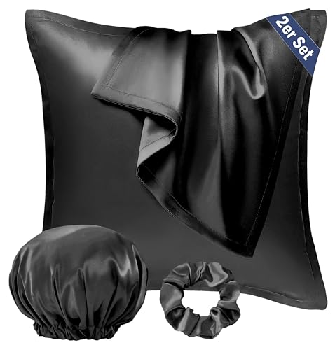 Seiwohl Satin Kissenbezug 40x40 2er Set, Weich wie Seidenkissenbezug Silk Pillowcase, Vegane Seide Kopfkissenbezug Kissenhülle Haarschutz für die Nacht mit Haargummi und Haarhaube, Schwarz Seiwohl Satin Kissenbezug 40x40 2er Set, Weich wie Seidenkissenbezug Silk Pillowcase, Vegane Seide Kopfkissenbezug Kissenhülle Haarschutz für die Nacht mit Haargummi und Haarhaube, Schwarz von Seiwohl